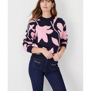 Ann Taylor FLORAL WEDGE SWEATER IN PINK BELLINI Size XL